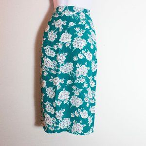 Vintage Floral Skirt Teal / Green / Blue / Aqua midi pencil skirt 70s 80s Rose